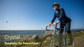  Presentation with cycling - Slide set consisting of businessman-cycling-at-seaside background and a tawny brown colored foreground