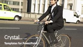  Presentation with cycling - PPT theme enhanced with businessman cycling to work background and a dark gray colored foreground