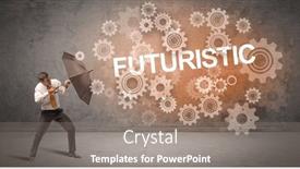  Presentation with defending - PPT theme featuring businessman-defending-with-umbrella-concept background and a gray colored foreground