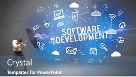  Presentation with defending - Presentation theme enhanced with businessman-defending-with-umbrella background and a teal colored foreground