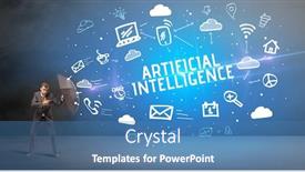  Presentation with artificial intelligence - Theme having businessman-defending-with-umbrella background and a teal colored foreground