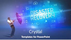  Presentation with disaster recovery - PPT theme with businessman-defending-with-umbrella background and a ocean colored foreground