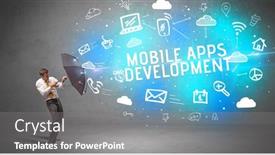  Presentation with mobile technology - Beautiful PPT layouts featuring businessman-defending-with-umbrella backdrop and a gray colored foreground