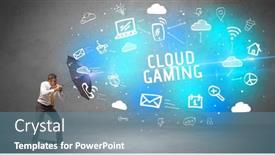  Presentation with cloud gaming - PPT layouts having businessman-defending-with-umbrella background and a teal colored foreground