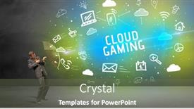  Presentation with cloud gaming - Colorful PPT theme enhanced with businessman-defending-with-umbrella backdrop and a violet colored foreground