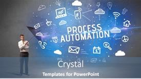  Presentation with process automation - Colorful PPT theme enhanced with businessman-defending-with-umbrella backdrop and a teal colored foreground