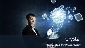  Presentation with magic - PPT theme enhanced with businessman demonstrating magic mixed media background and a navy blue colored foreground