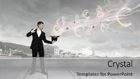  Presentation with magic - Beautiful presentation theme featuring businessman demonstrating magic mixed media backdrop and a light gray colored foreground