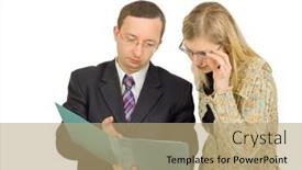  Presentation with portfolio - Audience pleasing PPT theme consisting of businessman discusses a case with a pretty female colleague - see similar images of this business people series in my portfolio backdrop and a coral colored foreground