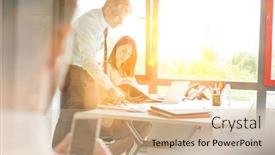  Presentation with lens - Slide deck having businessman-discussing-over-document background and a soft green colored foreground