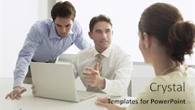 Presentation with laptop - Beautiful PPT theme featuring businessman-discussing-with-colleagues backdrop and a  colored foreground