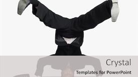  Presentation with conference table microphones - PPT theme consisting of businessman doing headstand background and a light gray colored foreground