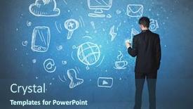  Presentation with wall - Slide set enhanced with businessman-drawing-a-media-icons background and a ocean colored foreground