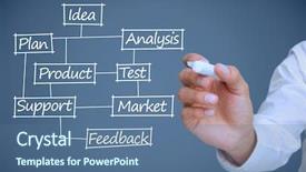  Presentation with business plan blue - Presentation design having businessman drawing a plan showing business terms on blue background background and a ocean colored foreground