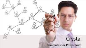 Presentation with whiteboard - Presentation design featuring businessman drawing a social network background and a light gray colored foreground