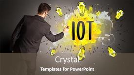  Presentation with new technology - Cool new PPT theme with businessman-drawing-colorful-light-bulb backdrop and a coral colored foreground