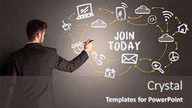  Presentation with today - Audience pleasing theme consisting of businessman-drawing-social-media-icons backdrop and a gray colored foreground