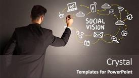  Presentation with social media - Presentation theme enhanced with businessman-drawing-social-media-icons background and a gray colored foreground