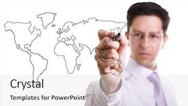  Presentation with world map - Beautiful slide set featuring businessman drawing the world map backdrop and a white colored foreground