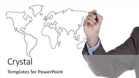  Presentation with whiteboard - PPT layouts consisting of global hands - businessman drawing the world map background and a white colored foreground