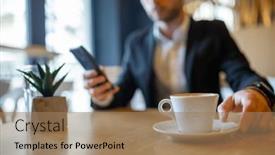  Presentation with news - PPT theme enhanced with businessman-drinking-morning-coffee background and a coral colored foreground