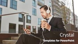  Presentation with smartphone app - Presentation theme having businessman drinks a coffee and uses a smartphone app background and a tawny brown colored foreground