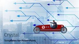  Presentation with sports car - Colorful slide deck enhanced with businessman driving sports car choosing different career paths backdrop and a teal colored foreground