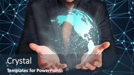  Presentation with infographic - PPT theme with businessman-embracing-holographic-display background and a  colored foreground