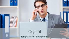  Presentation with talking on phone - Presentation design consisting of businessman-employee-talking background and a sky blue colored foreground