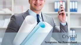  Presentation with mechanical engineering engineer tools - Amazing presentation theme having businessman-engineer-draftsman-with-blueprints backdrop and a light blue colored foreground