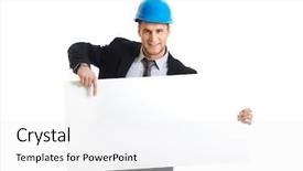  Presentation with empty - Audience pleasing PPT layouts consisting of businessman enginner holding empty banner backdrop and a white colored foreground