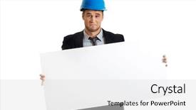  Presentation with chemical enginner - Cool new slide set with businessman enginner holding empty banner backdrop and a light gray colored foreground