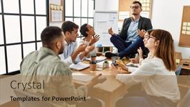  Presentation with meeting - Presentation theme featuring businessman-enjoys-meditating-during-meeting background and a coral colored foreground