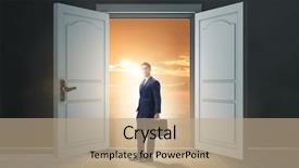  Presentation with open door policy health care - Presentation enhanced with businessman entering big large door background and a coral colored foreground