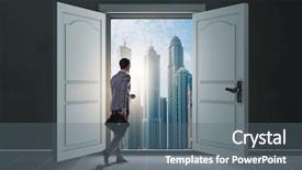  Presentation with opportunity - PPT layouts with businessman entering big large door background and a gray colored foreground