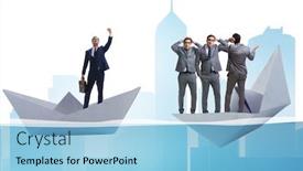  Presentation with boat - Colorful slide deck enhanced with businessman-escaping-sunken-paper-boat backdrop and a light blue colored foreground