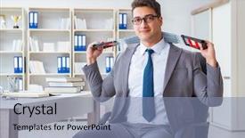  Presentation with one young man exercising handball - Presentation theme featuring businessman exercising with elastic expand background and a light blue colored foreground