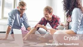  Presentation with creative - Colorful PPT theme enhanced with businessman explaining plan on laptop to colleagues at creative office backdrop and a coral colored foreground