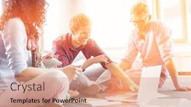  Presentation with laptop - PPT theme featuring businessman explaining plan on laptop background and a coral colored foreground