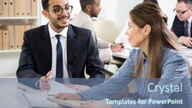  Presentation with new office - Cool new PPT layouts with businessman-explains-to-colleague backdrop and a ocean colored foreground