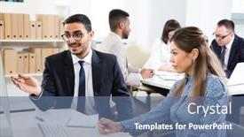  Presentation with new office - Amazing PPT theme having businessman-explains-to-colleague backdrop and a ocean colored foreground