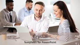  Presentation with new office - Cool new slide deck with businessman-explains-to-colleague backdrop and a coral colored foreground