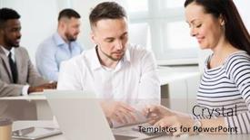  Presentation with new office - PPT theme enhanced with businessman-explains-to-colleague background and a coral colored foreground