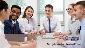  Presentation with new office - Slide deck featuring businessman-explains-to-colleagues background and a coral colored foreground