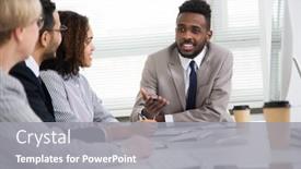  Presentation with new office - PPT layouts enhanced with businessman-explains-to-colleagues background and a gray colored foreground