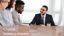  Presentation with new office - PPT theme consisting of businessman-explains-to-colleagues background and a coral colored foreground