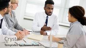  Presentation with new office - Beautiful PPT theme featuring businessman-explains-to-colleagues backdrop and a soft green colored foreground