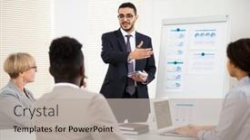  Presentation with new office - Audience pleasing slide set consisting of businessman-explains-to-colleagues backdrop and a light gray colored foreground