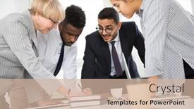  Presentation with new office - Slide deck having businessman-explains-to-colleagues background and a soft green colored foreground