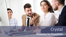  Presentation with new office - Beautiful theme featuring businessman-explains-to-colleagues backdrop and a ocean colored foreground